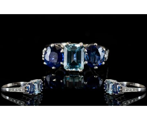 18ct White Gold Stunning Quality Three Stone Sapphire And Aquamarine Dress Ring Wonderful ring with diamond set shoulders, th