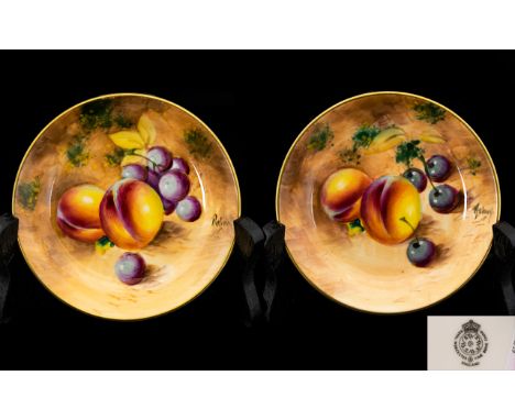 Royal Worcester Good Quality Pair of Hand Painted ' Fruits ' Pin Dishes. ' Peaches and Grapes ' Still Life, Each Signed by Ro