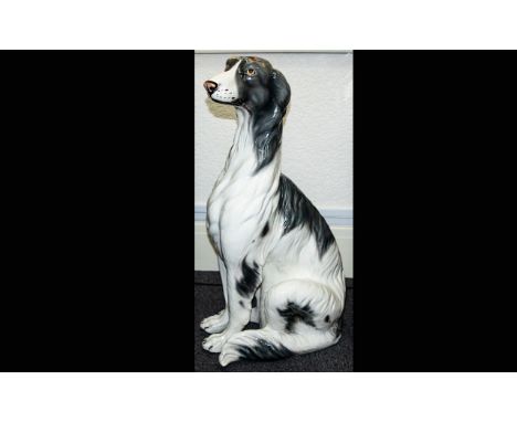 Italian Ceramic Floor Standing Figure In the Form Of A Seated Borzoi Dog Large, glazed grey and white sighthound in seated po