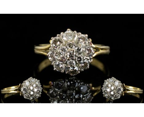 18ct Gold - 1930's Diamond Set Cluster Ring, Flower head Design. The Round Cut Diamonds of Good Colour and Clarity. Est Diamo