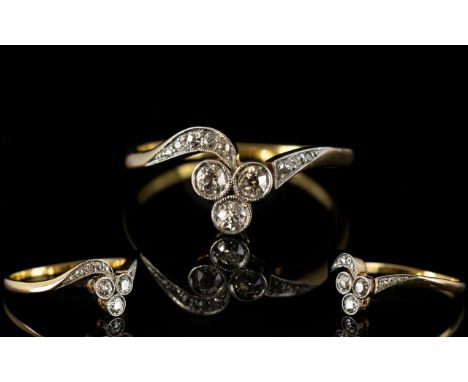 Antique Period - Attractive 18ct Gold Shamrock Shape 3 Stone Diamond Ring, with Diamond Set Shoulders, The Pave Set Diamonds 