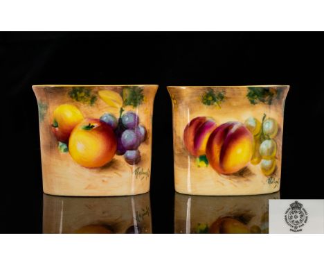 Royal Worcester Fine Hand Painted Pair of Small Bud Vases with Everted Rims ' Fallen Fruits ' Still Life - Apples and Grapes.