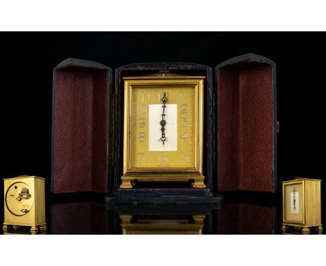 Art Deco Period - Swiss Made Excellent Quality and Heavy Gilt Metal - 8 Day Travellers Miniature Clock with Alarm Facility, S