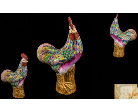 Chinese Export - 19th Century Hand Painted Famille Rose - Ceramic Rooster Figure, Painted with Soft Enamels, Chinese Characte