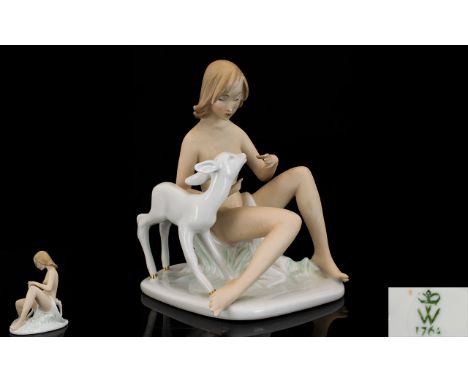 Wallendorf Hand Painted Porcelain Figure Group ' Young Naked Girl Seated with Fawn ' c.1930's. Sculpture - Kurt Steiner. Heig