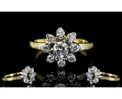 Ladies - Superb Quality 18ct Yellow / White Gold Diamond Set Cluster Ring. Flower head Setting, The Central Round Brilliant C