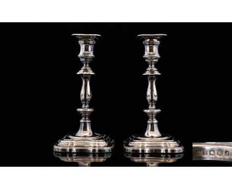 George II Style Pair of High Quality and Decorative Solid Silver Candlesticks, Features Detachable Nozzles, Faceted Columns, 