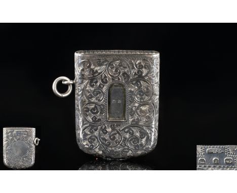 Victorian Period - Rare Superb Quality Solid Silver Vesta Case, Open and Shuts with Function, Push up Lever to Center of Vest