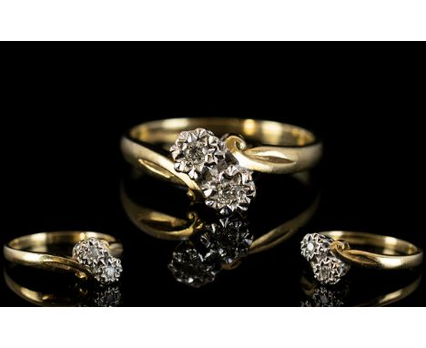 Ladies 9ct Gold Two Stone Diamond Illusion Set Dress Ring. Fully Hallmarked for 9.375. Ring Size L-M. Please See Photo.