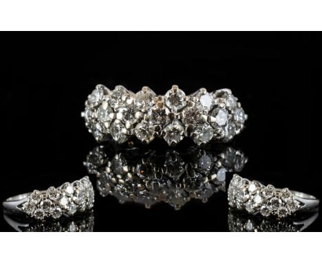 White Gold Diamond Cluster Ring Set with three rows of 19 round modern brilliant cut diamonds, all claw set, estimated diamon