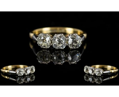 18ct Gold and Platinum Attractive 3 Stone Diamond Set Ring. c.1920's / 1930's. The Old Cushion Cut Diamonds of Good Colour, G