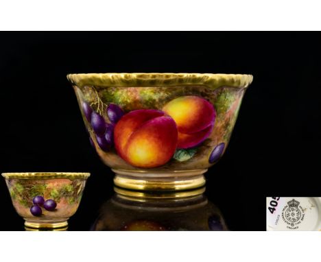 Royal Worcester Superb Quality Signed and Hand Painted ' Fruits ' Small Bowl with Rich Painted Gold Borders ' Peaches and Gra