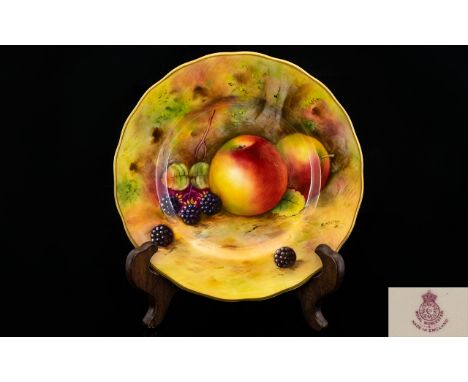 Royal Worcester Superb Quality - Signed and Hand Painted ' Fruits ' Side Plate with Wavy Border. ' Fallen Fruits ' Apples and