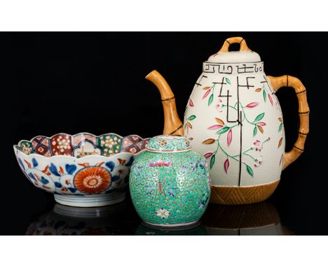 A Collection Of Modern Oriental Ceramics Three items in total to include stylised earthenware teapot in bamboo and trellis de