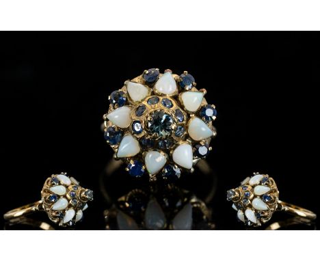 14ct Opal and Sapphire Set Dress Ring, Ornate Setting, Flower head Design. c.1970's, Marked 14ct. Ring Size P - Q. 4 grams. 