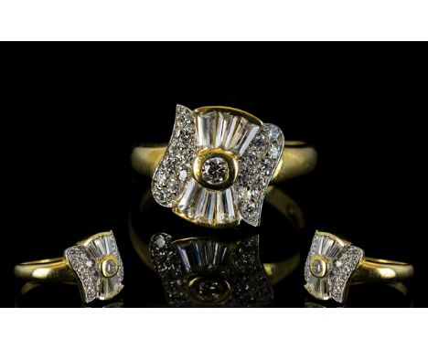 14ct Gold - Art Deco Style Baguette and Brilliant Cut Diamond Set Dress Ring. c.1970's. Diamonds of Excellent Colour / Clarit