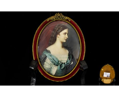19th Century Superb Quality Hand Painted and Signed Portrait Miniature on Bone / Ivory of a Young Woman ( Noble ) Wearing a L