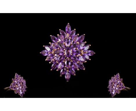 Amethyst Marquise Cut Cluster Lozenge Ring, a 4.5ct cluster of bright purple, marquise cut amethysts, all radiating out from 