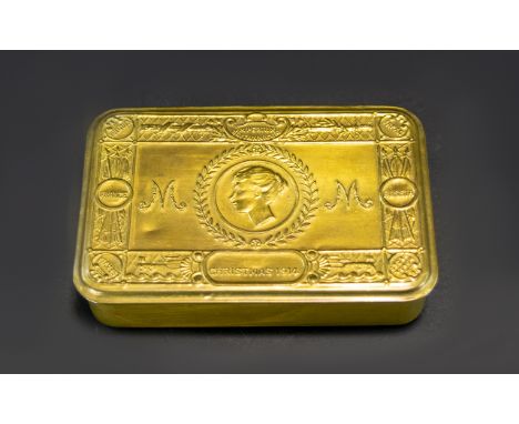 WWI Interest Princess Mary Christmas Gift Tin 1914 Hinged rectangular brass box originally containing tobacco and chocolate g