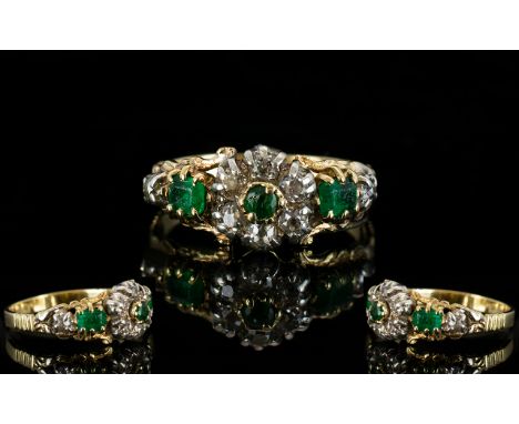 Antique Period Attractive 18ct Gold Emerald and Diamond Set Cluster Ring, The Emeralds and Diamonds Extend to Shoulders, Mark