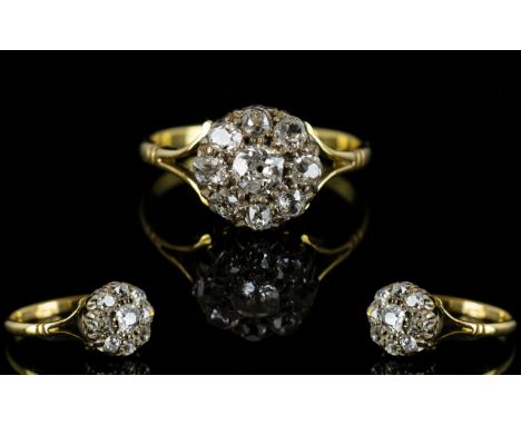 Antique Period 18ct Gold Diamond Set Cluster Ring, Flower head Design. The Central Old Cut Diamond Surrounded by 8 Old Cut Di