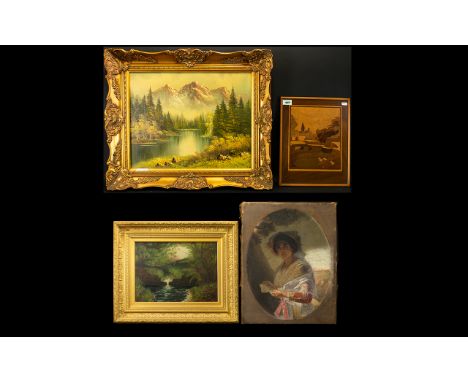 A Mixed Lot Of Paintings To include mountainous landscape, landscape unsigned, forest stream, portrait on canvas - in poor co