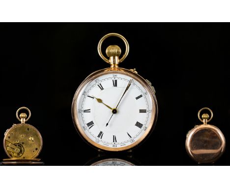 9ct Gold - Swiss Made Keyless Open Faced Pocket Watch. c.1900 - 1920. Features White Porcelain Dial, Black Roman Numerals, Se