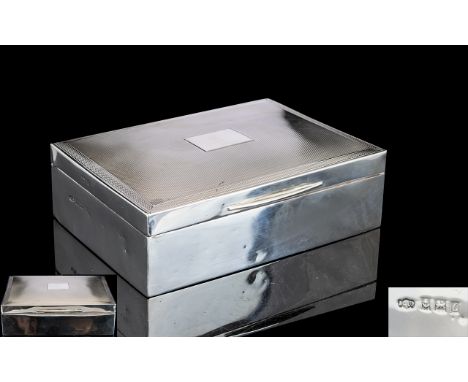 Elizabeth II Very Nice Quality Made Solid Silver Table Cigarette Box of Rectangular Form with Engine Turned Cover, Cedar Wood