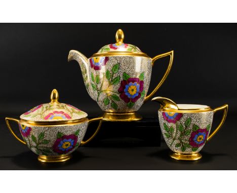 Art Deco Hand Painted Three Piece Tea Service Comprising Teapot, twin handle sugar bowl and milk jug. Of typical form, richly