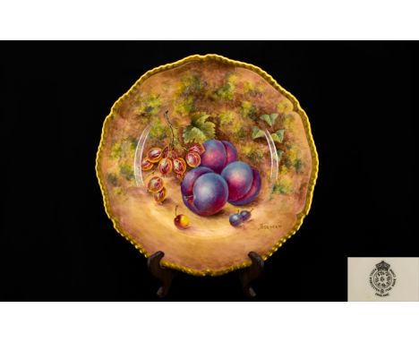 Royal Worcester Superb Quality and Large Signed Hand Painted Fruits Cabinet Plate ' Fallen Fruits ' Still Life - Plums Study.