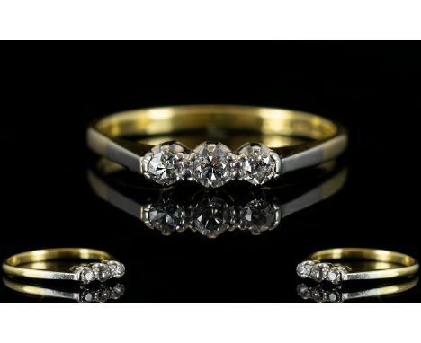 Antique Period 18ct Gold and Platinum Set 3 Stone Diamond Ring marked 18ct and platinum. Ring size O, Nice quality ring.