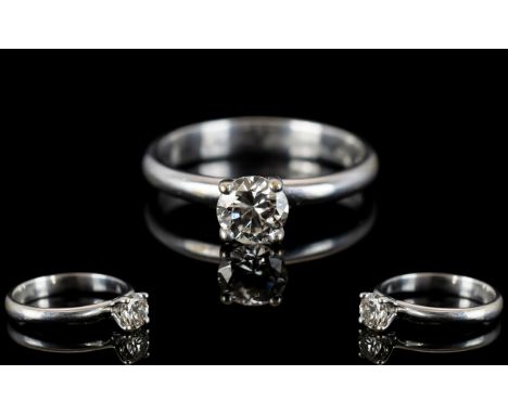 Contemporary Design 18ct White Gold Single Stone Diamond Ring, The Modern Round Brilliant Cut Diamond of High Grade - Both In