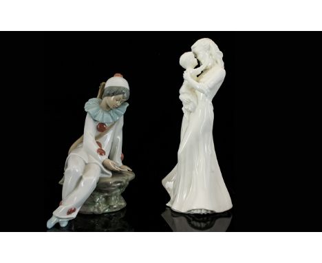 Nao by Lladro Figure ' Young Harlequin ' Figure with Lute and Reading Letter. 7 Inches - 17.5 cm + A Royal Worcester Figure '