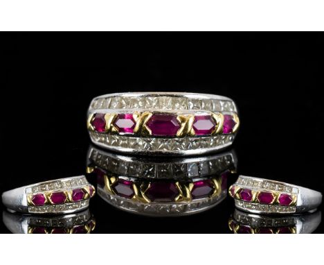 18ct White Gold Ruby and Diamond Set Half Eternity Ring, The Five Faceted Rubies ( Good Colour ) with Princess Cut Diamonds, 