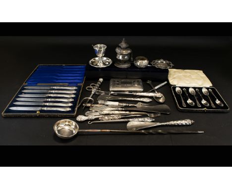 A Mixed Collection Of Silver Handled Cutlery And Dress Accessories To include toasting fork, pickle forks, button hook, shoeh
