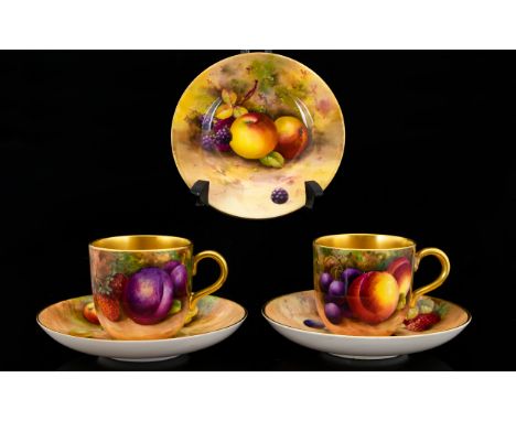 Royal Worcester Superb Quality Pair of Hand Painted ' Fruits ' Cups and Saucers + A Side Plate. All Pieces Signed by A.G. Mos