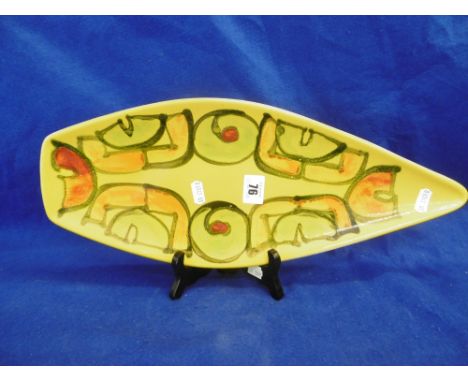 A VINTAGE POOLE POTTERY BOAT SHAPED DISH, HAND PAINTED AND INITIALED