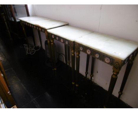 A HALL TABLE WITH PORCELAIN PLAQUES AND A PAIR OF MATCHING SIDE TABLES