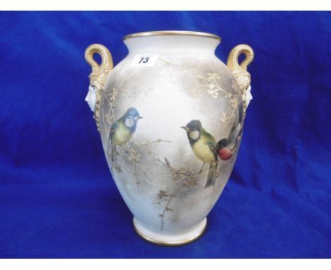 A ROYAL WORCESTER VASE WITH BIRD DECORATION