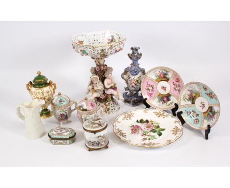 A German porcelain centrepiece, probably Sitzendorf, late 19th/early 20th century, with pierced basket top, supported on cent