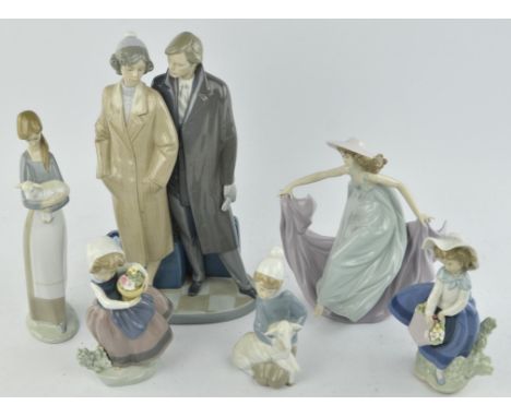 Six Lladro porcelain figures comprising ; Sad Parting 5583, May Dance B05662, Shepherd with lamb B04676, Pretty Pickings B522