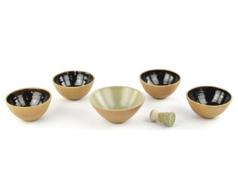 DAVID LEACH (BRITISH, 1911-2005), Four pottery stoneware bowls, with tenmoku glazed interiors, impressed marks, 12cm diameter