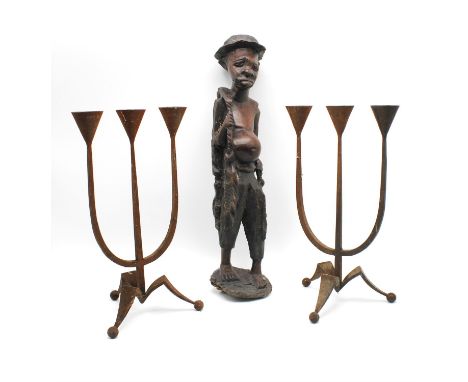 20TH CENTURY SCHOOL, a pair of three bronze candelabra, and a Tribal taste wooden figural sculpture (3)