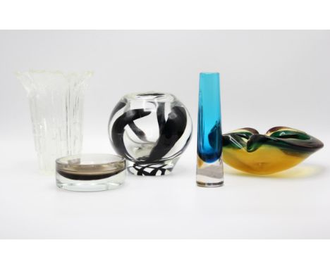 MANNER OF WHITEFRIARS, a blue and clear glass posy vase, 16.5cm high, together with a clear and smoked glass circular dish, 1
