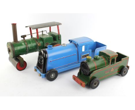 A Triang Express metal tank locomotive on wheels, 52cm wide, A Triang 'Puff Puff' wooden train, 36cm and a scratch built wood
