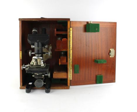 A mid century binocular microscope, sea shells, a copper shot flask,a Chinese,19th century silk brocade collar and cuff, fram
