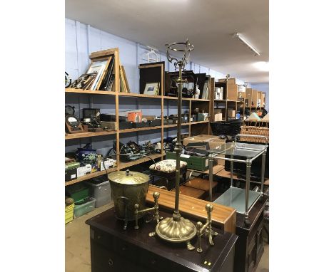 Brass standing lamp, fire dogs and a brass coal bucket