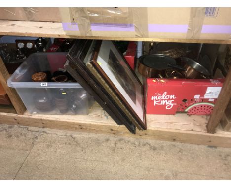 A shelf of assorted including pictures, glassware, copper items, china etc.
