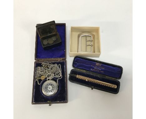 A silver buckle, Snuff box with Maundy money, silver pocket watch and a Mordan pen