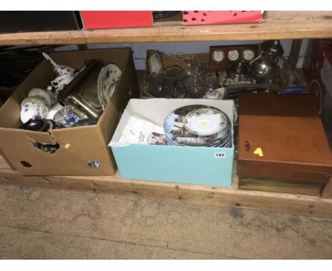 Shelf of assorted, collector plates, glassware etc